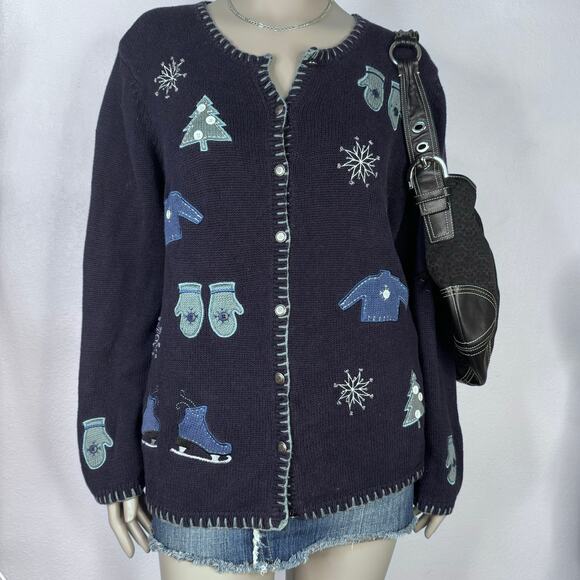 Vintage Y2K Winter Cardigan Sweater Snowflake Mitten Novelty Knit 1X C.J. Banks - Picture 1 of 10